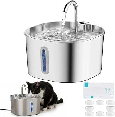 Fontaine à eau pour chat en inox 2,2 L vendue sous le nom Feliflow, marque Snrtevu, avec bec verseur et lot de filtres